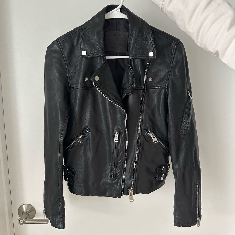 AllSaints Black Leather Asymmetric Moto Jacket